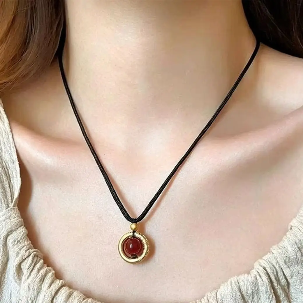 Chinese Style Carving Patterns Round Circle Pendant Necklace for Women Black Rope Chokers Acrylic Red Bead Charms Collar Jewelry