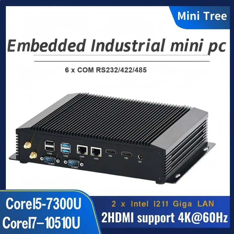 6x puerto COM sin ventilador ordenador Industrial integrado Core i5-8250U i7-10510U Dual Lan HDMI VGA Mini caja robusta PC soporte 4G/WiFi
