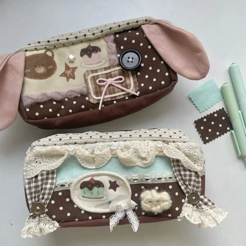 Y2K Vintage Brown Polka Dot Pen Bag Lace Curtain Design Handmade Plaid Ribbon Decor Canvas Makeup Pouch Decorative Accessories