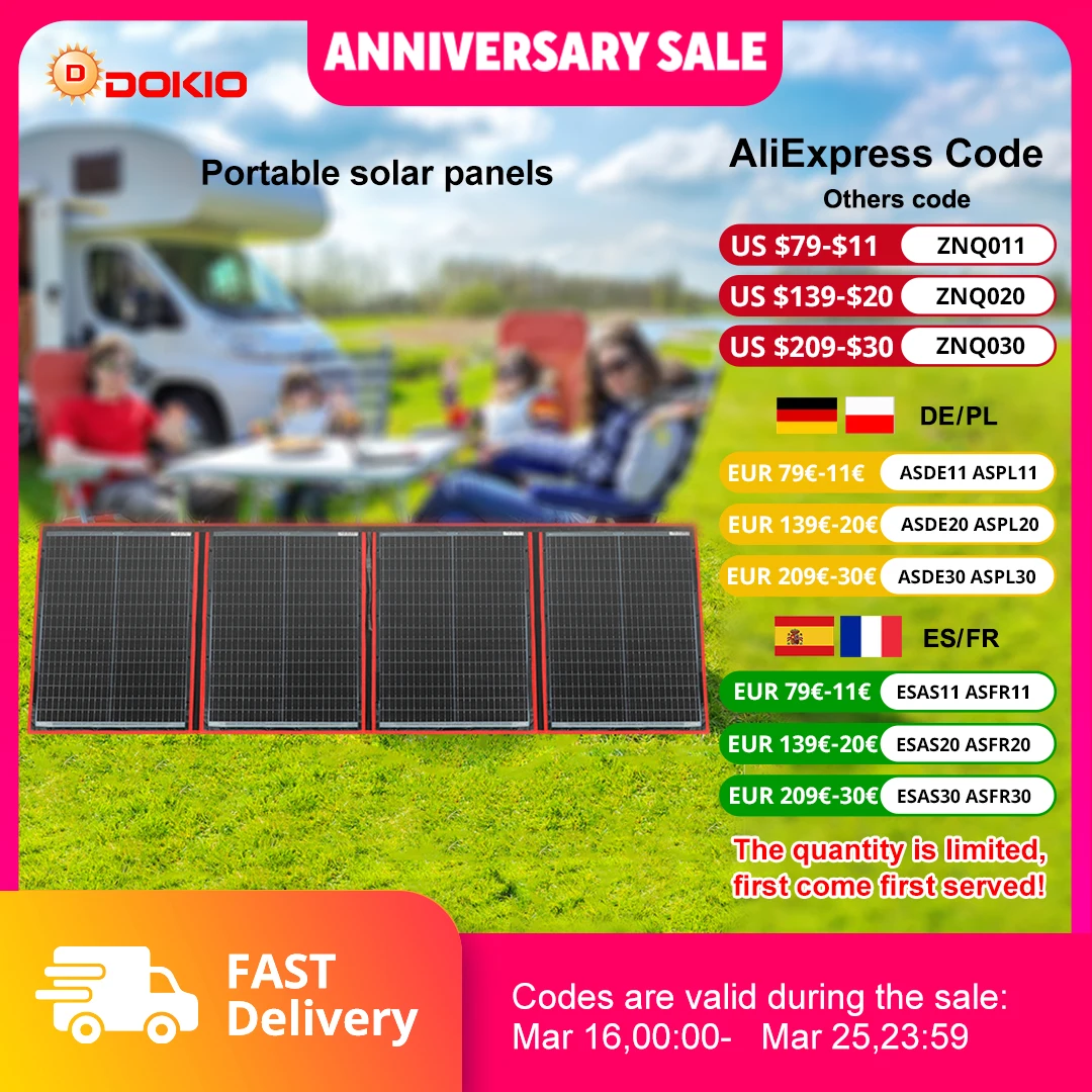 Dokio 200 W 18 V tragbares, flexibles, faltbares Solarpanel mit 12-V-Controller zum Aufladen der Batterie, geeignet für Camp