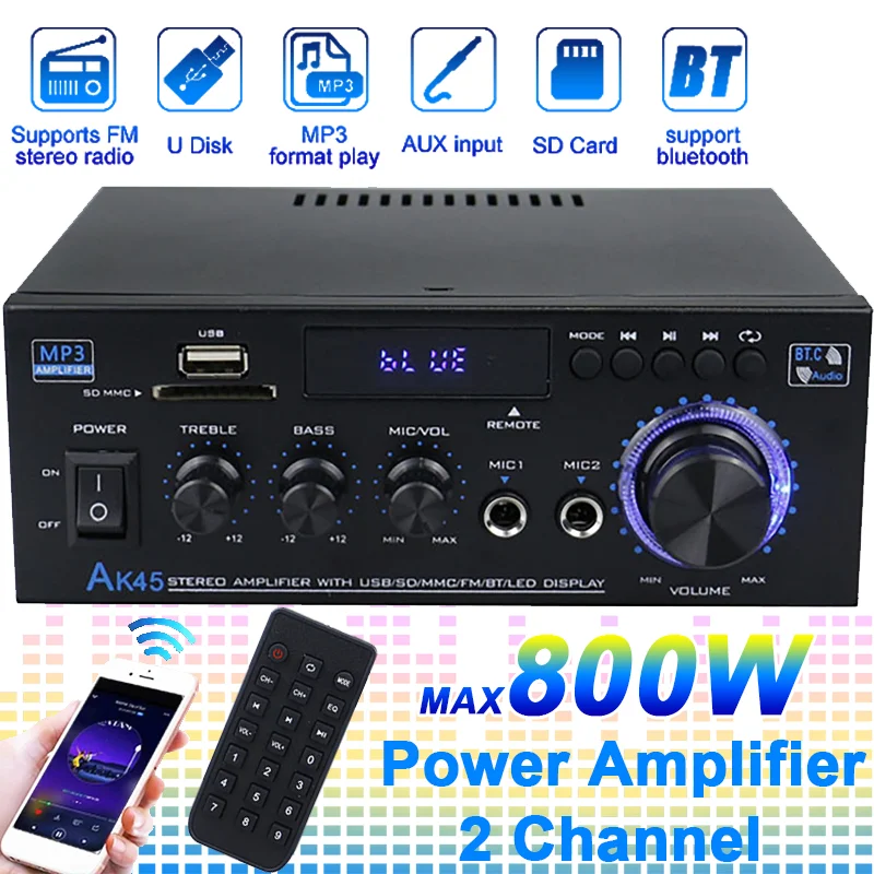 

800W Home Car Digital Bluetooth Amplifier Audio 110-240V Bass Audio Power Amplifier Hifi FM USB Auto Music Subwoofer Speaker