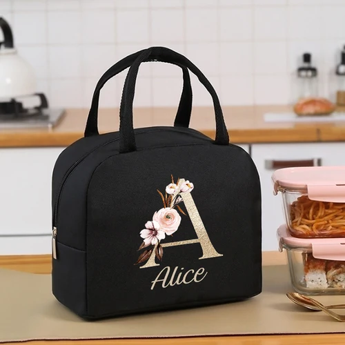 Imagen 1 del producto Bolsa de almuerzo portátil con nombre personalizado, caja térmica para alimentos, refrigerador duradero para oficina, caja aislante con estampado de letras y flores doradas