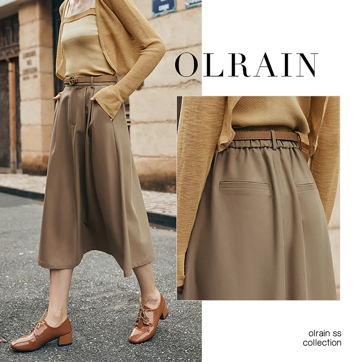 OLrain French Style Khaki Skirts Women 2026 Autumn Office Lady Work Business Folds A-line Elegant Skirt Lady O23QB83505