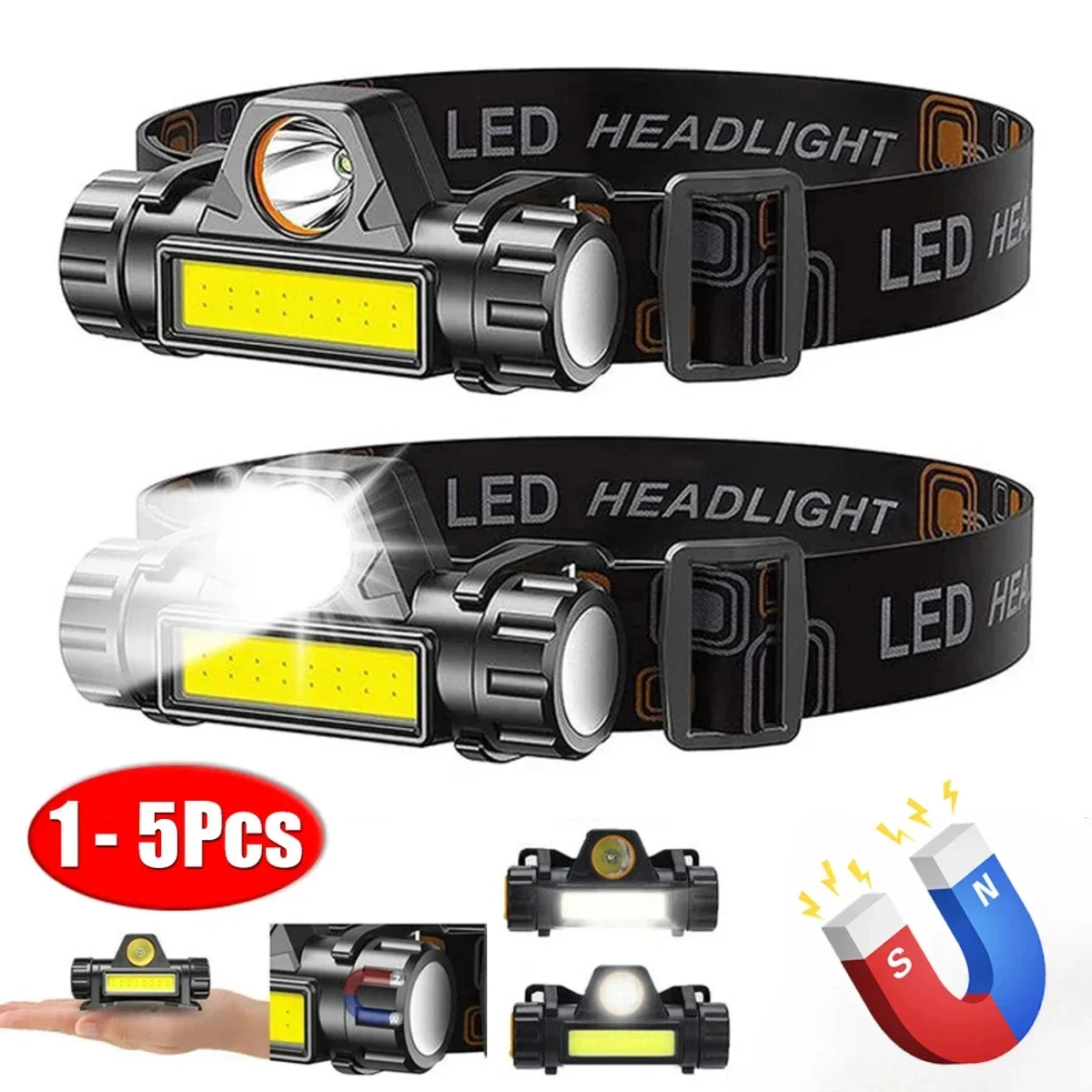 1-5PCS Rechargeable COB LED Headlamp Strong Magnetic Powerful Headlight Super Bright Waterproof Head Torch For Outdoor Fishing