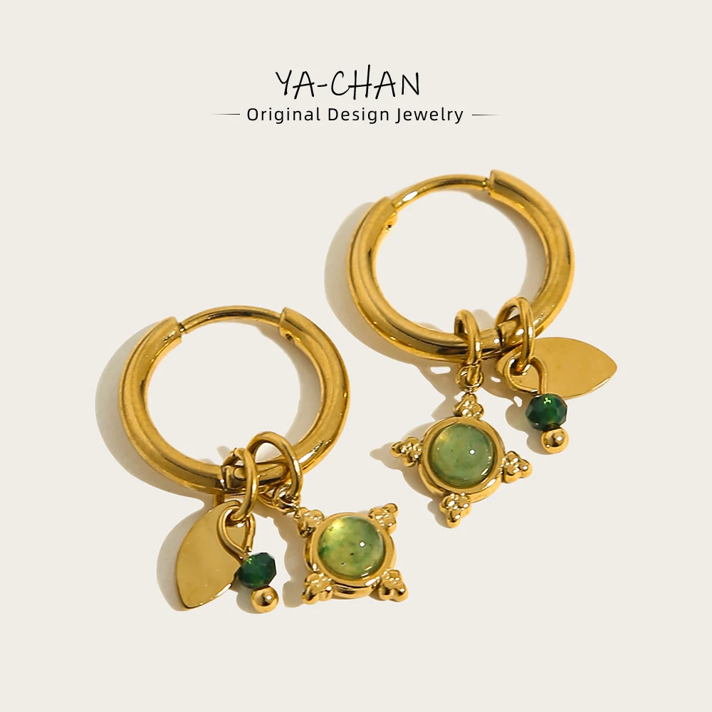 YACHAN 18K Gold Plated Stainless Steel Hoop Earrings for Women Luxury Green Natural Stone Charms Aesthetic Jewelry