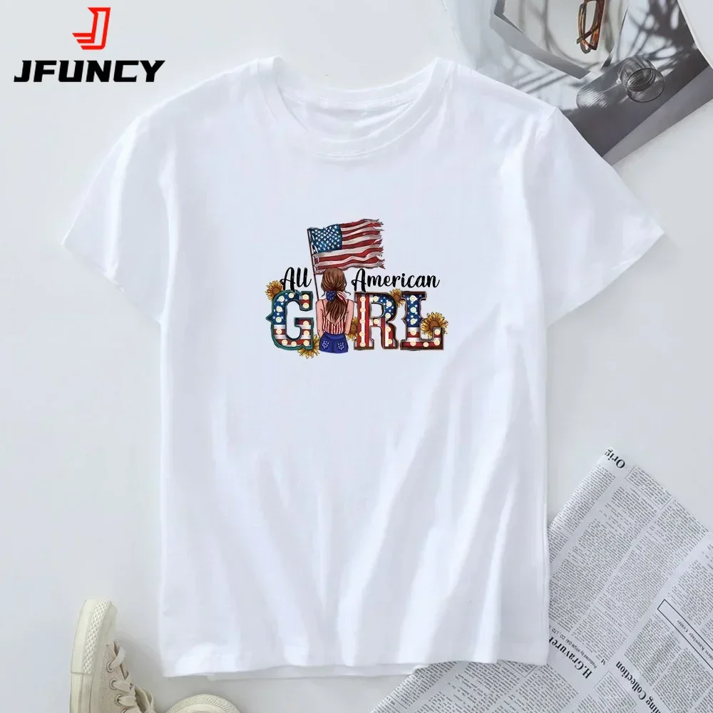 

100% Cotton Women's Tshirt Oversized Top Summer Tees Short Sleeve T-shirt Female Clothing America Girl Graphic T Shirts