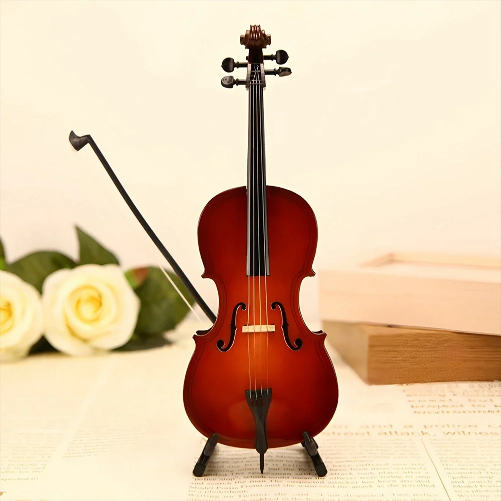 Wooden Miniature Cello W/ Stand & Bow Mini Musical Instrument Decoration Miniature Wood Violin for Music Lovers Craft Collector