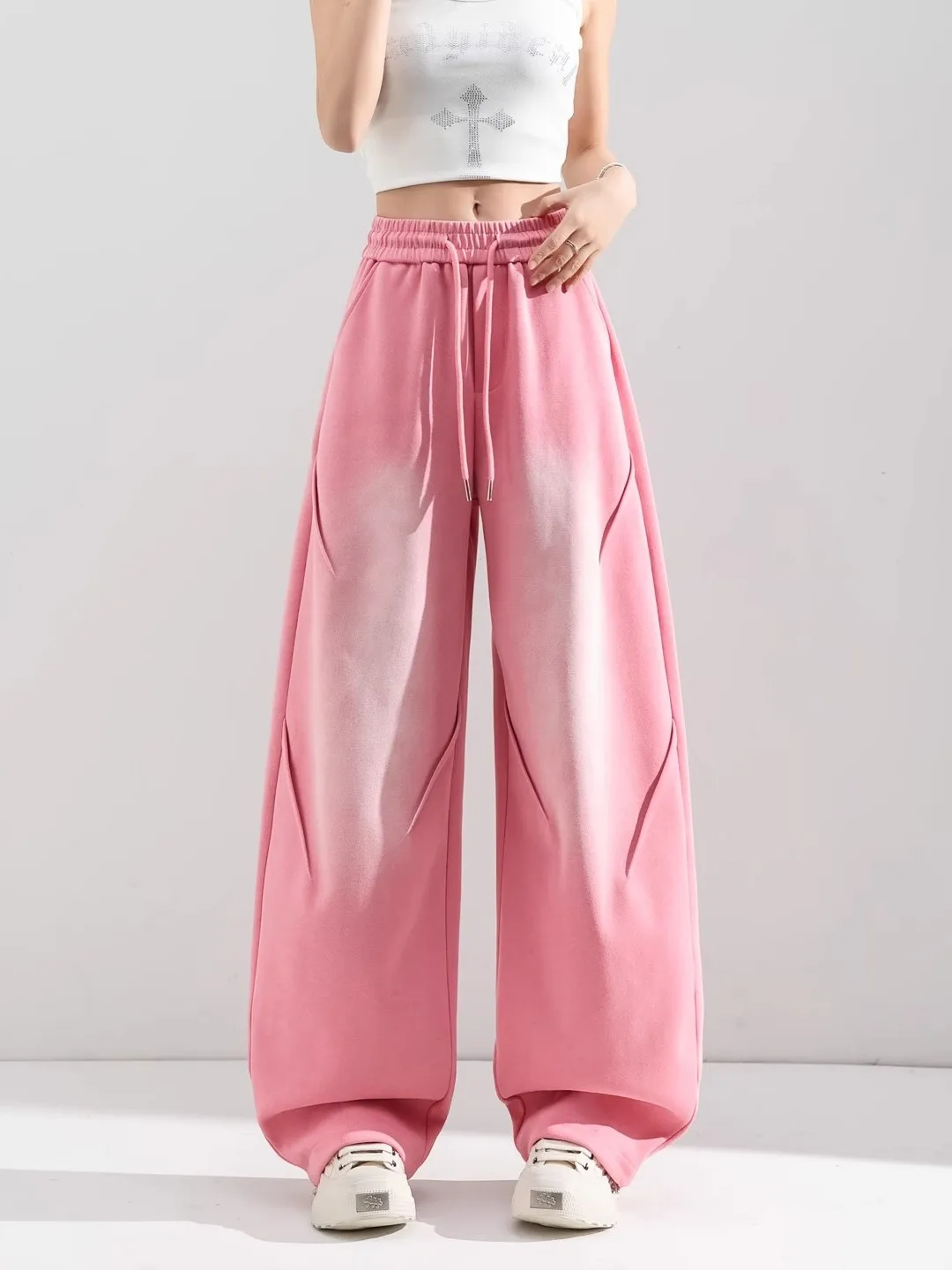 High Waist Wide Leg Pants Women's Summer 2026 New Elastic Sports Casual Tied Dye Knife  Loose Fit Cuffed Long Trousers