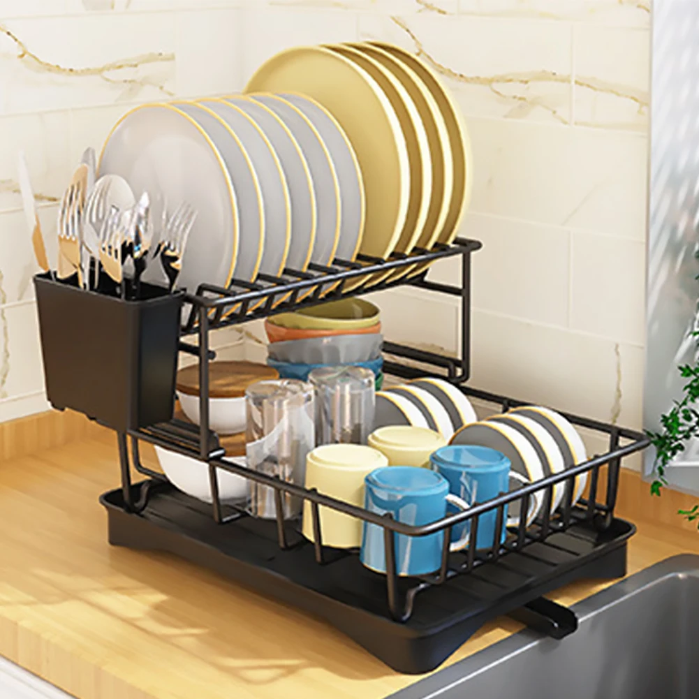 Double-layer Bowl Drying Rack Large Capacity Dish Racks Rust-Proof Stainless Steel Automatic Drainage System for Kitchen Counter