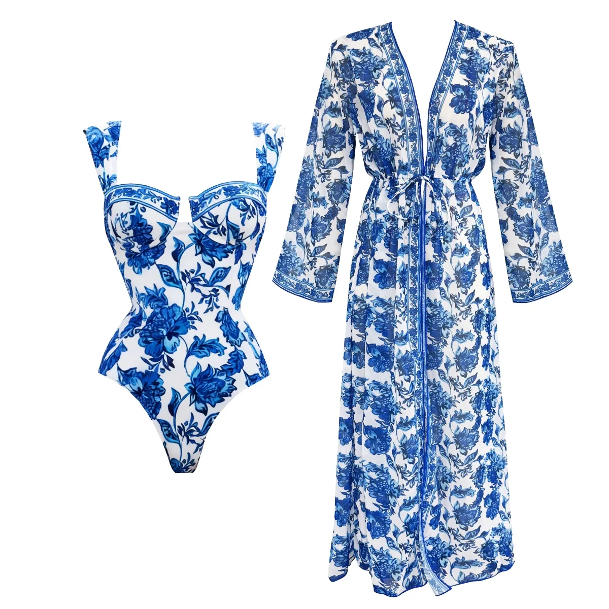 

2Pcs Retro Printed Swimsuit Sexy Women Bikini Female Bandeau Biquini Female Push Up Swimwear Cover Up Bathing Suits Beachwear