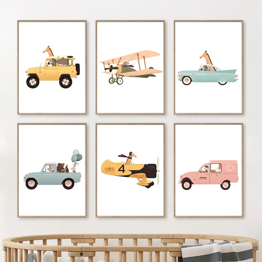 Safari Animals Airplane Cars Whimsical Nursery Wall Art Canvas Painting Nordic Posters And Prints Wall Pictures Kids Room Decor