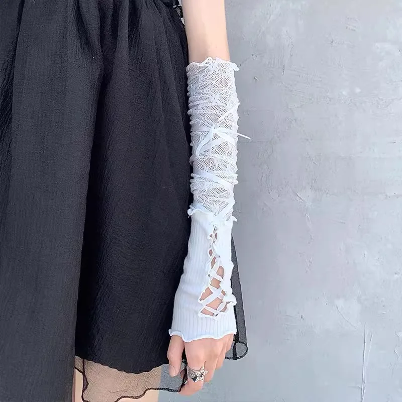 Halloween Gloves Y2k Long Sleeves Women'S Ballet Style Half Palm Subculture Lolita Accessories Lace Strap Sleeves Cosplay Prop