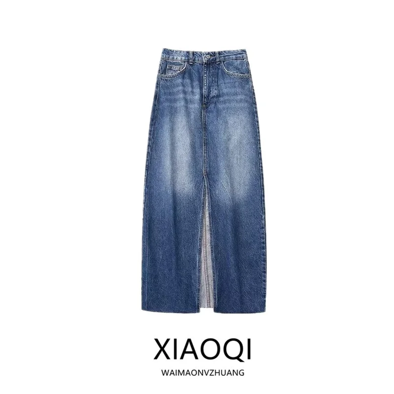 

High Waist Midi Denim Skirt for Women Spring Summer New Sle Versatile Asymmetrical Design Straight Cut Skirts 2024