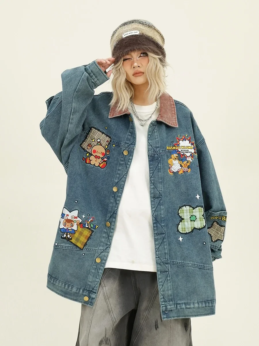 Fun Embroidery Color Matching Denim Jacket 2024 Autumn New Loose Bf American College Style Coats Women