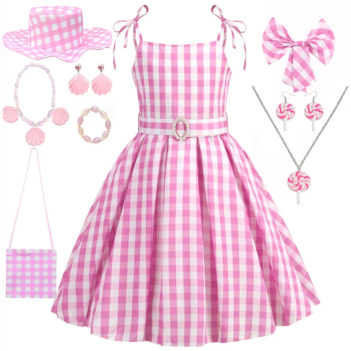 Hot Movie Barbi Baby Girl Pink Dress Cowboy Look Dress Summer Beach Stripe Cute Sleeveless Plaid Slim Strap Dress Set With Belt