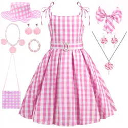 Hot Movie Barbi Baby Girl Pink Dress Cowboy Look Dress Summer Beach Stripe Cute Sleeveless Plaid Slim Strap Dress Set With Belt