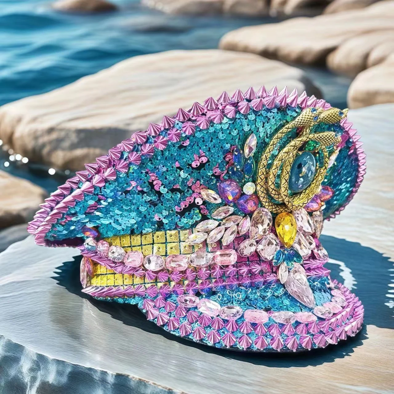 HongLuan Yellow Laser Leather Loop Captain Hat Rhinestone & Military Caps for Woman, Rave Festivals Accessories ＆ Party Cap Man