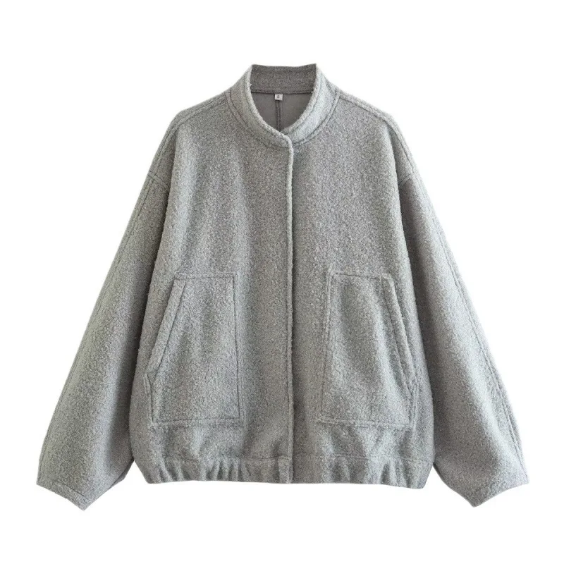 Spring 2025 New European and American Stand-up Collar Loose Woolen Casual Jacket