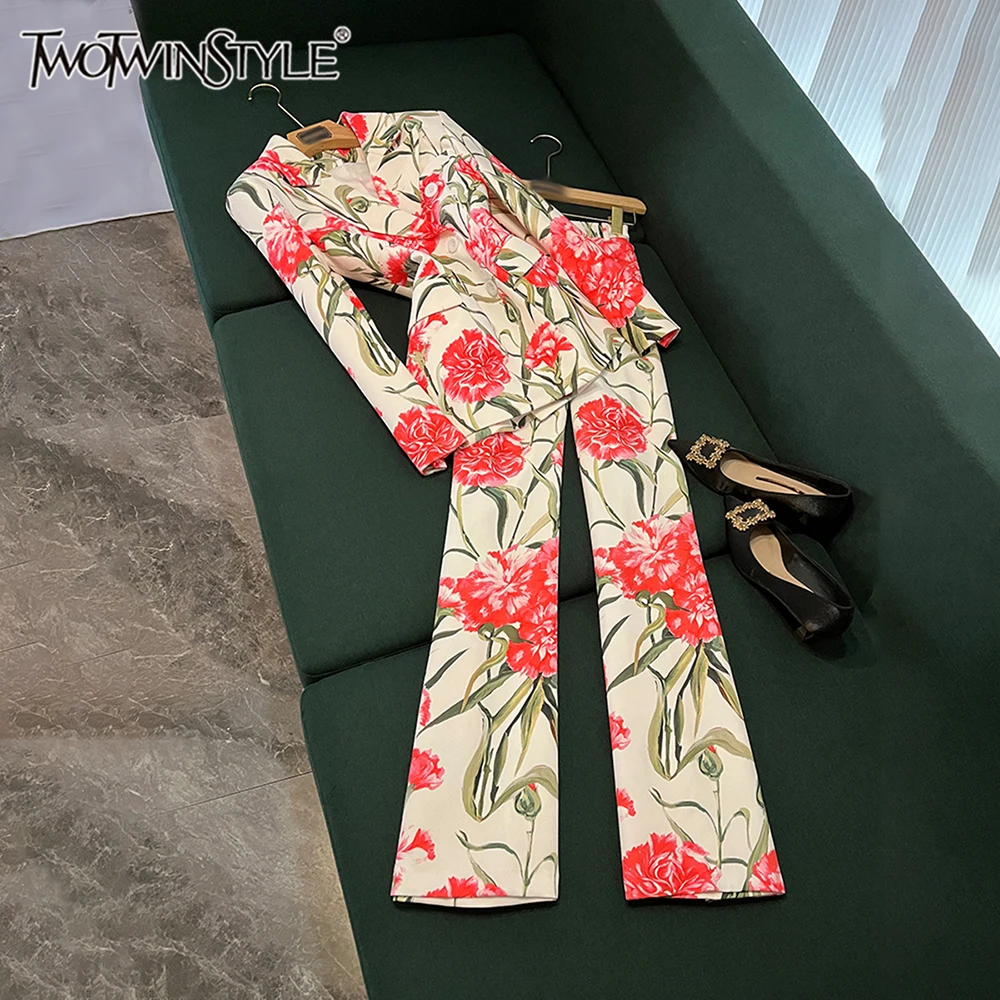 

TWOTWINSTYLE винтажные комплекты из двух предметов с принтом для женщин, топ с длинными рукавами и лацканами, брюки с высокой талией, элегантный комплект, женский новый KSE537136