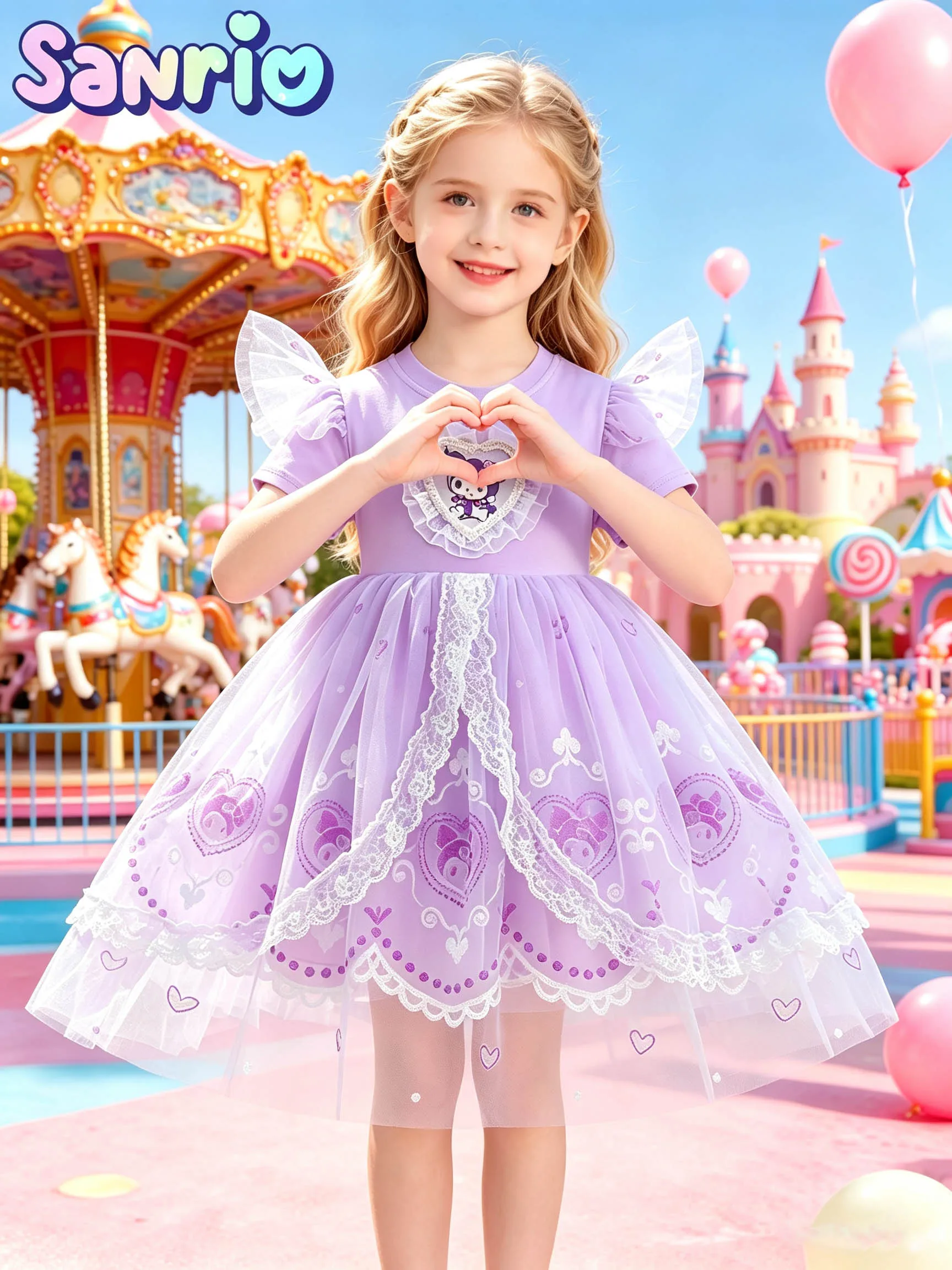 Dreamy Purple Kuromi Girls' Summer Outfit, Heart Embroidery Flutter Sleeve Lace Puffy Princess Tulle Dress