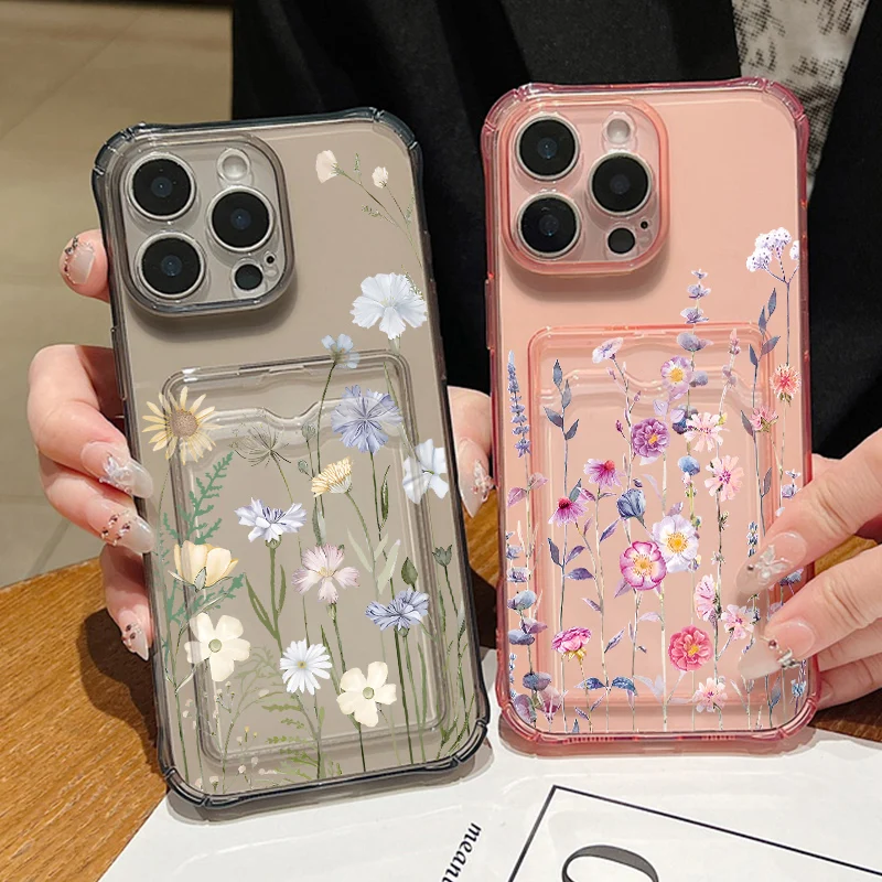 Kartensteckplatz-Taschenhülle für iPhone 16 Pro 16e 15 14 13 Pro Max 12 11 Einfache Blumen stoßfeste klare weiche TPU-Silikon-Telefonabdeckung