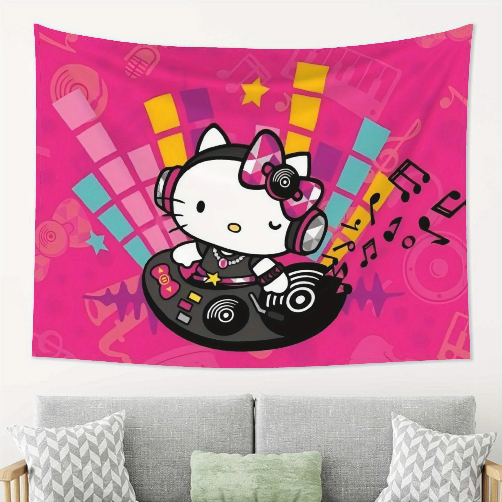 

MINISO Sanrio Hello Kitty DJ Tapestry Music Theme Headphones Turntable Design Vibrant Party Decor Bedroom Living Room Wall