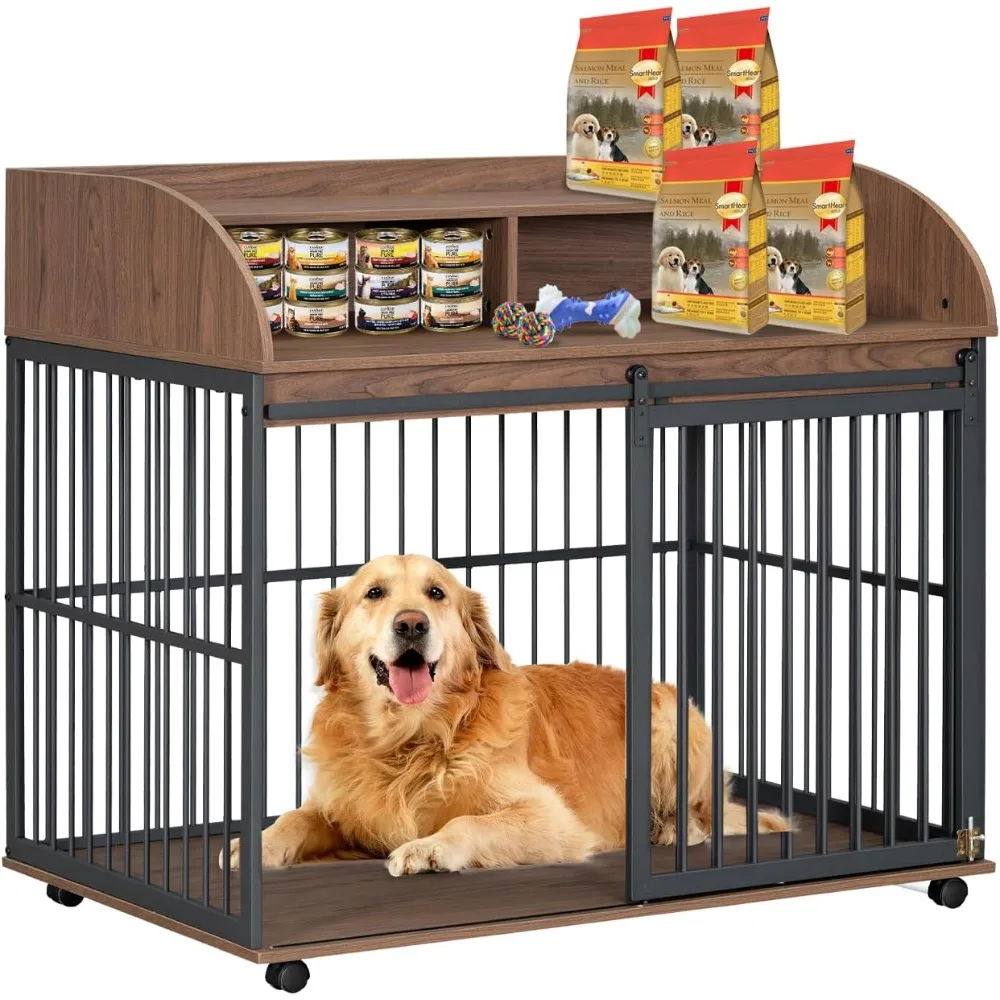 

LUCK 44 Inch Large Dog Crate Furniture, Dog Kennel Indoor With Sliding Barn Door, Heavy Duty Dog Cage For Small/Medium/Large Do