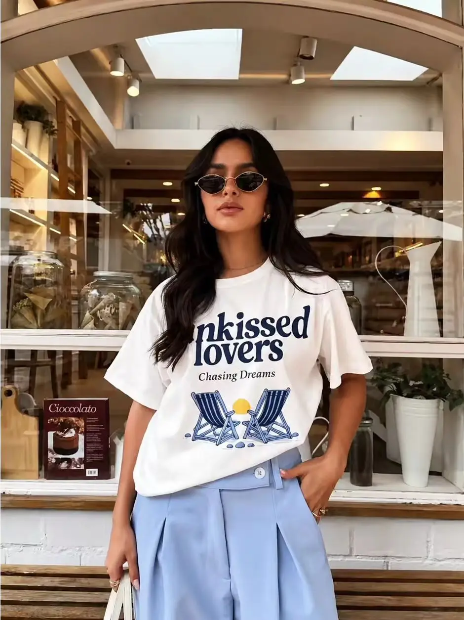 Beach Style “sunkissed Lovers and Chasing Dreams” French Fashion Graphic T-shirt Women Summer Short Sleeve Y2K Top Daily Trendy