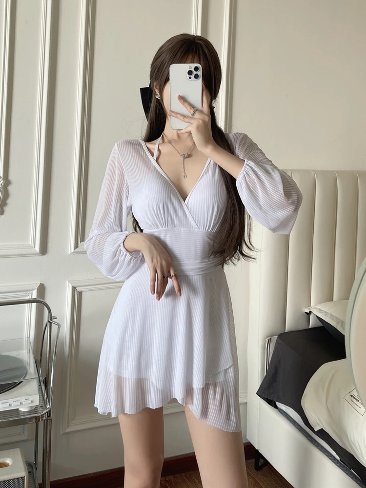 plus Size Women's One-Piece Swimsuit Skirt Sle Long Sve Thermal Spa Swimwear Conservative Belly Cover Slimming Korean INS