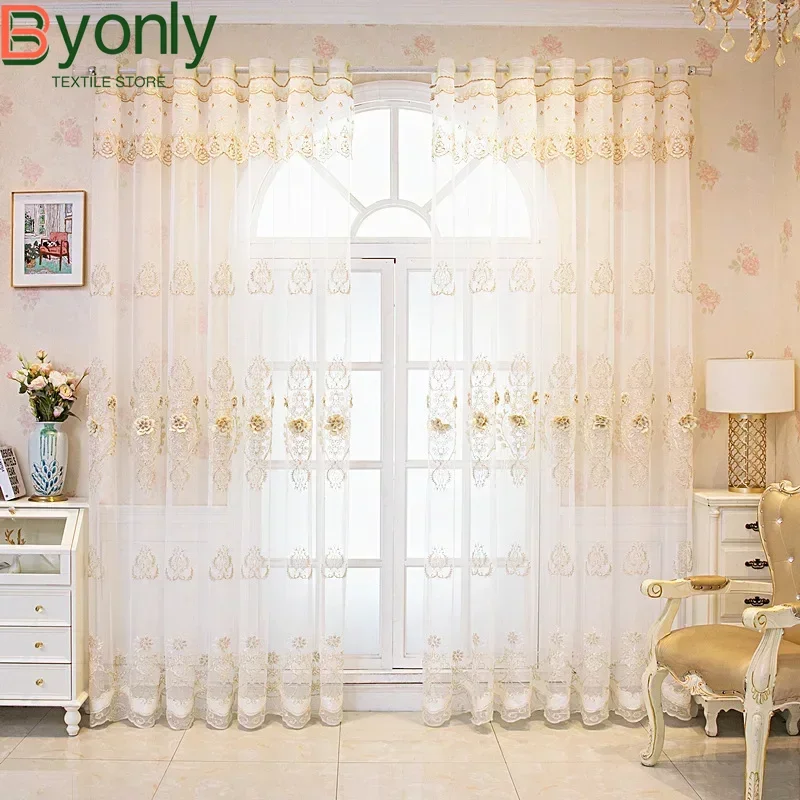 

European Style Luxury Embroidered Window Screen Bedroom Living Room Balcony Bay Window Screen Finished Blackout Curtain Fabric