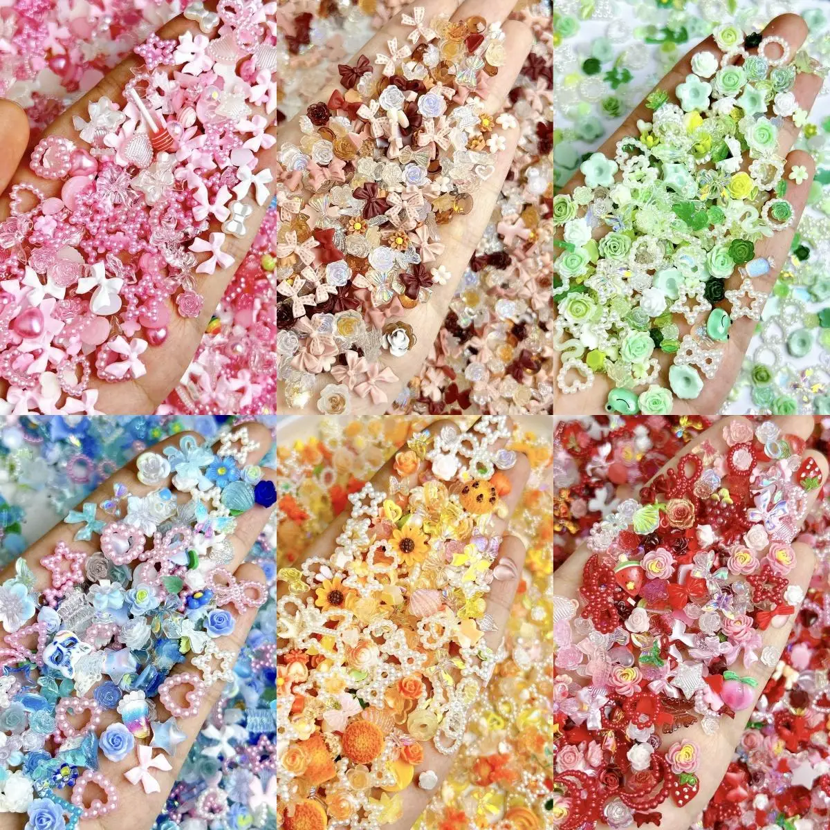 50PCS Random Mixed Bow Heart Flower Nail Charms Hollowed Star Simulated Cookies Fruits Hybrid Resin Nail Art Decorations for DIY