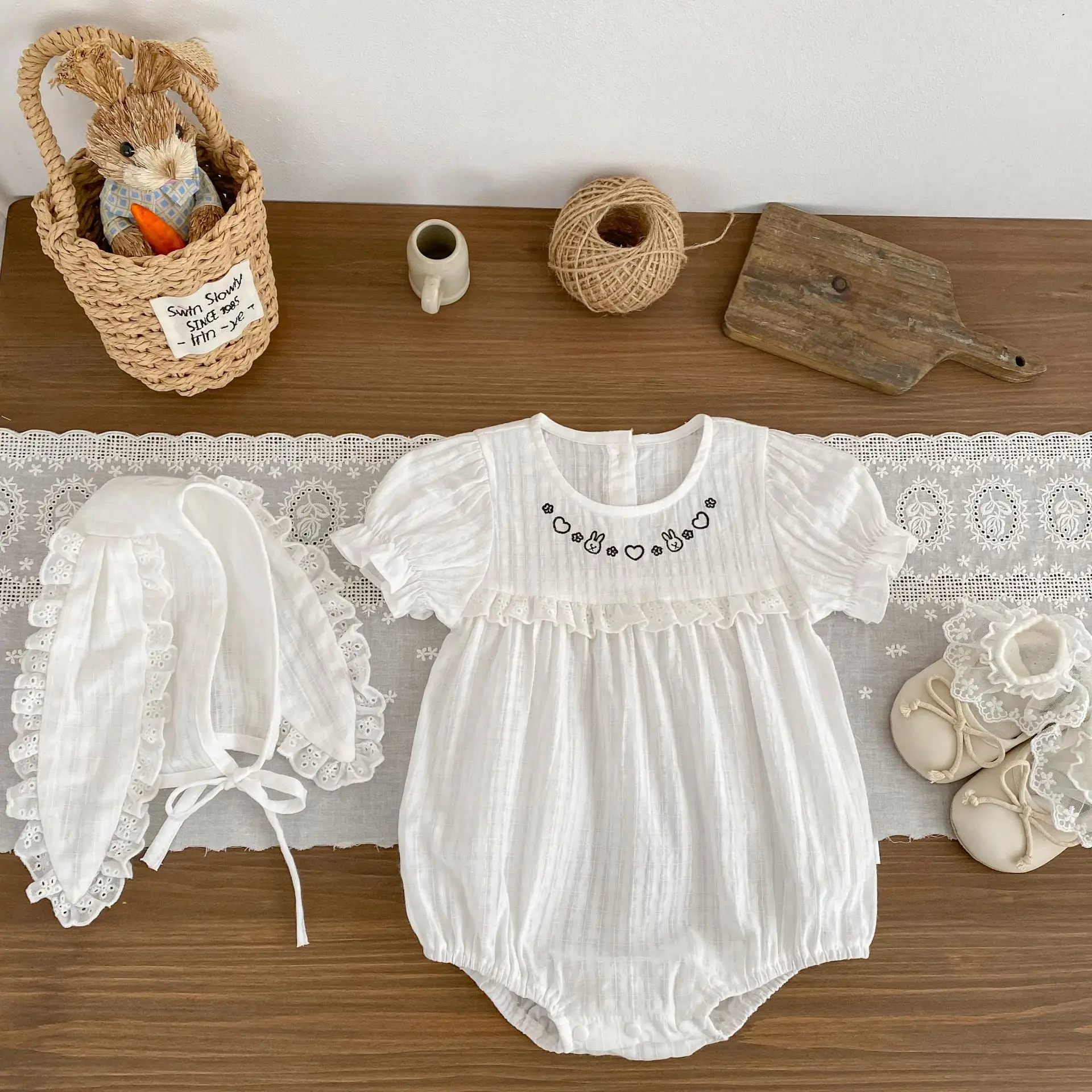 2026 Summer Baby Clothes Thin Short Sleeve Baby Super Cute Rabbit with Hat Beautiful and Cute Kids Rompers