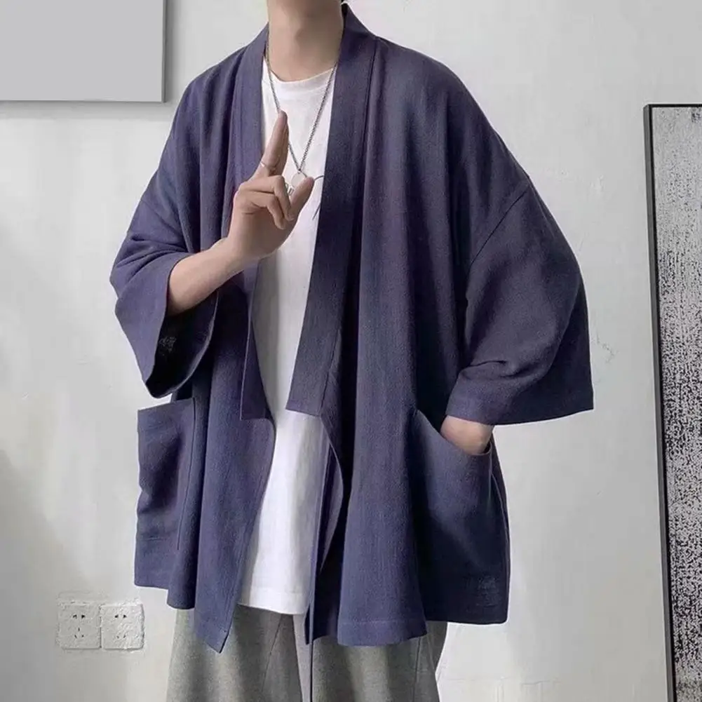 Men Summer Shirt Solid Color Cardigan Open Stitch Retro Chinese Style Sloppy Shoulder Three Quarter Sleeves Soft Breathable Quic