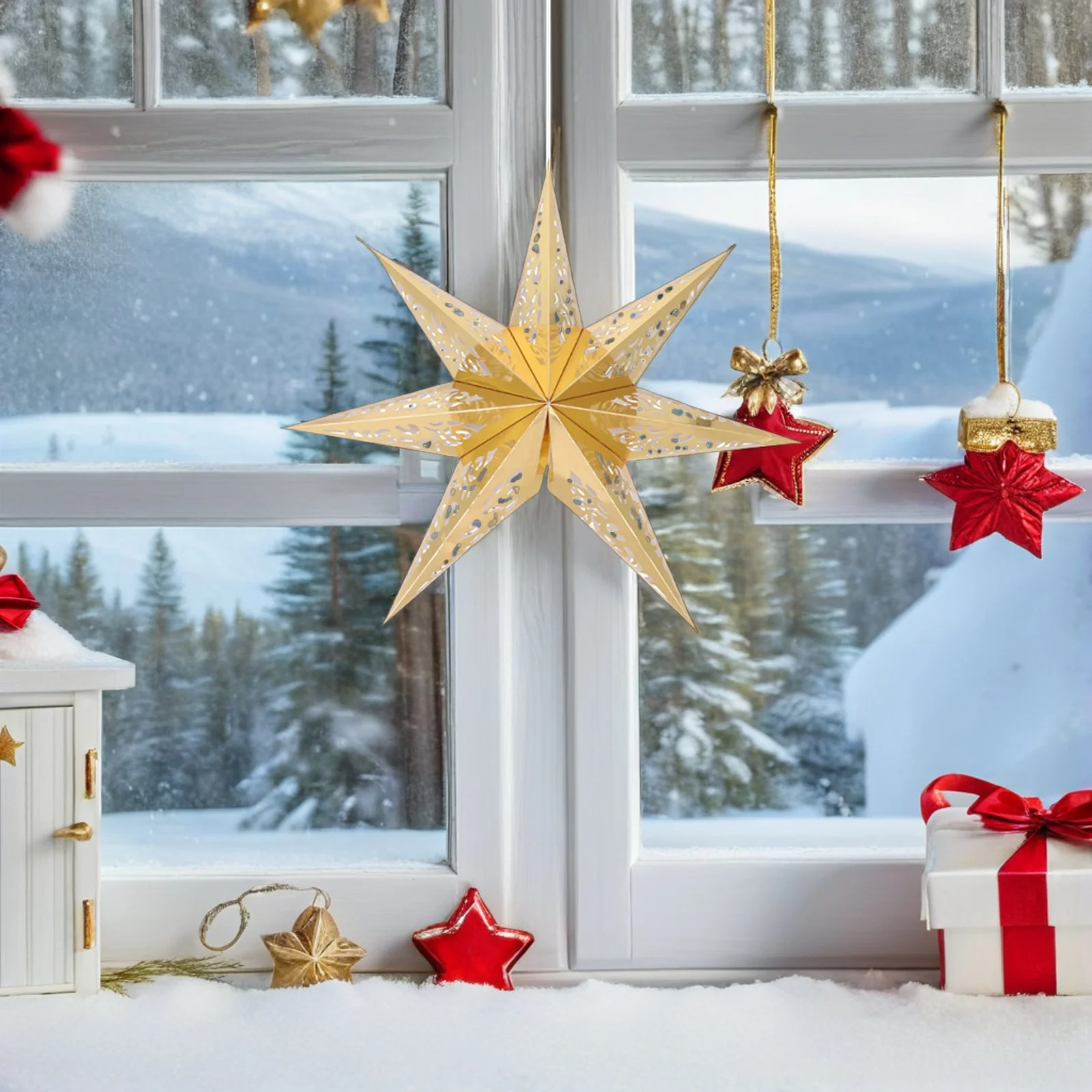 

4pcs Nine-Pointed Star Paper Lampshade Large Seven Pointed Star Decor Holiday Lighting For Christmas Wedding Party Hanging