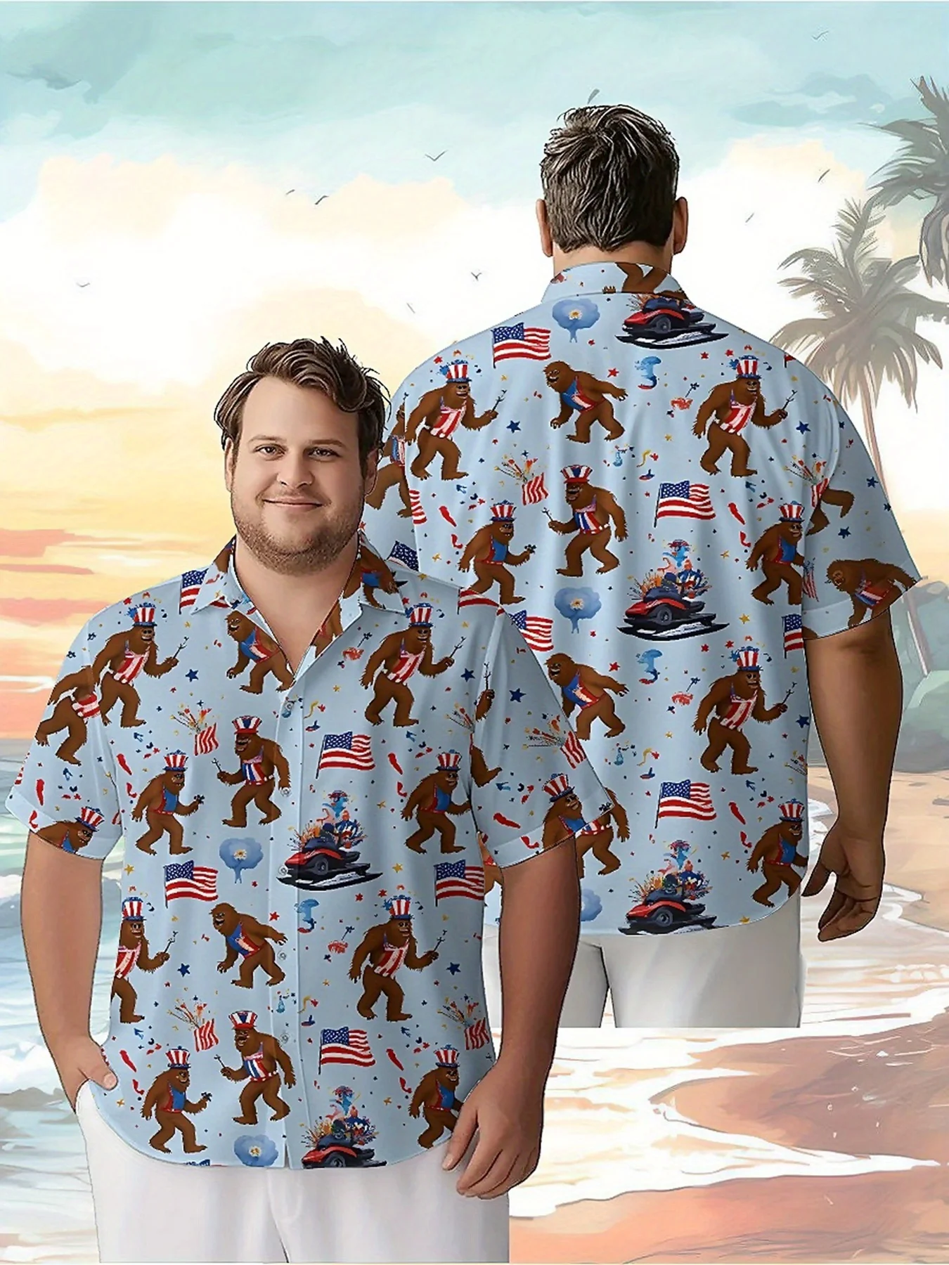 

Men's Plus Size Hawaiian ShirtsSasquatch, Fireworks and American Flagpattern, Fashion Aloha Shirt, Summer Casual Top,3D Clothes