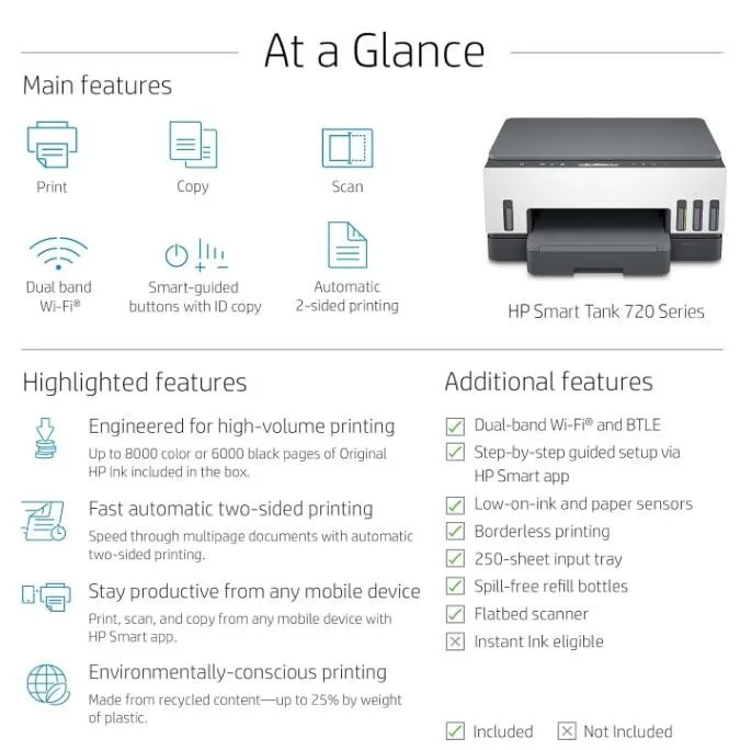 For HP Smart Tank 720 iFi Duplex Printer with Smart-Guided Button, Print, Scan, C opy and Wireless