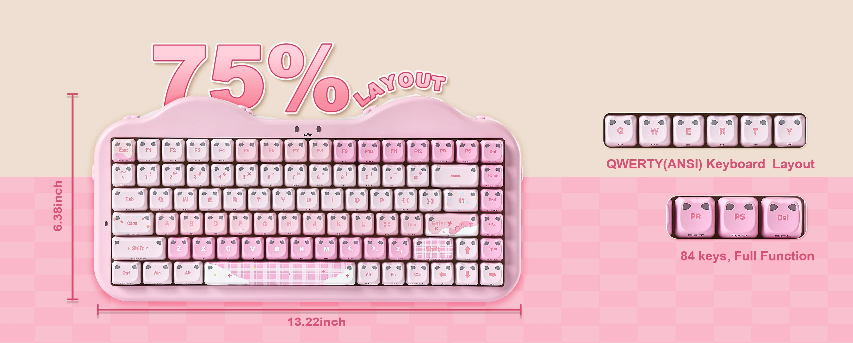 YUNZII C75 MAO Edition Mechanical Keyboard,Cute Ear Translucent Keycap,Wireless 75% NKRO Keyboards,RGB Cake Design for Win/Mac