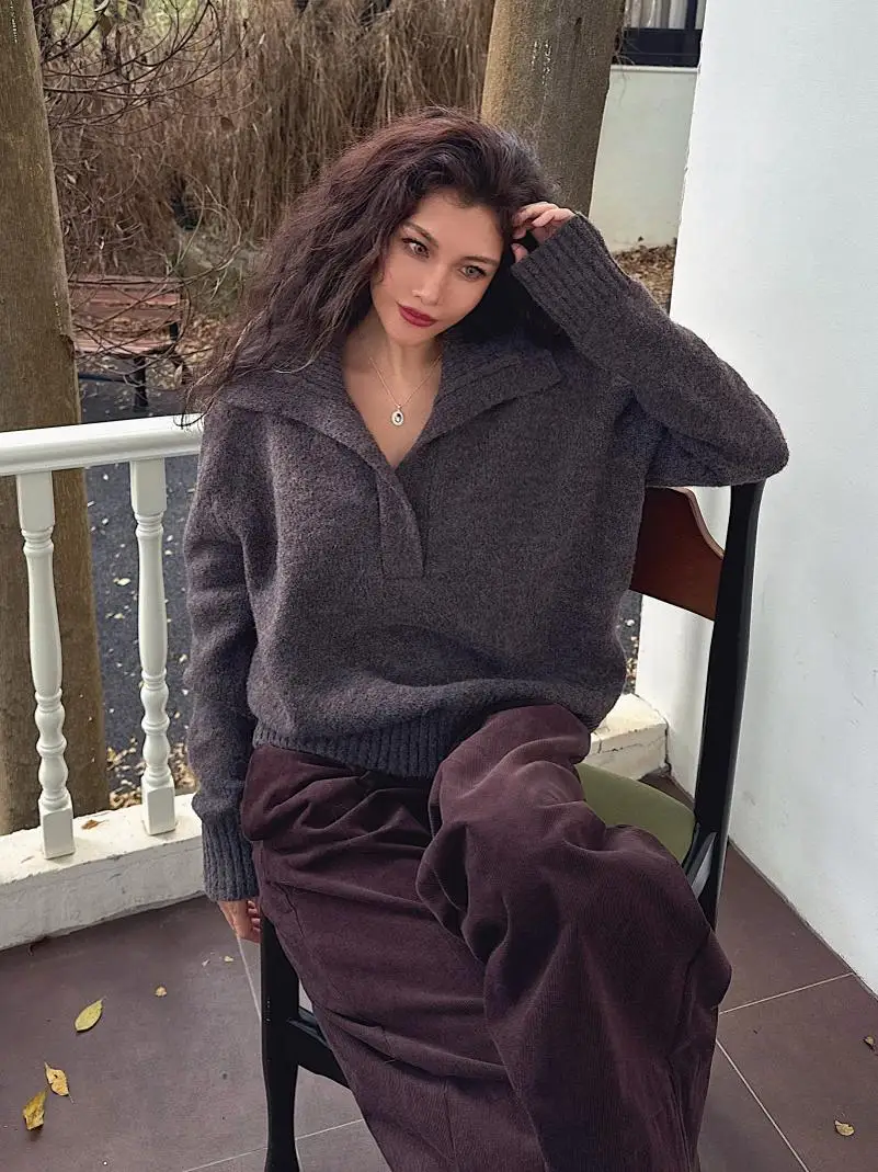 

Retro Half Open Collar Soft Comfortable Knitted Sweater Long Sleeve Large Turn-down Collar Loose Fit Deep Grey Women's Fashion
