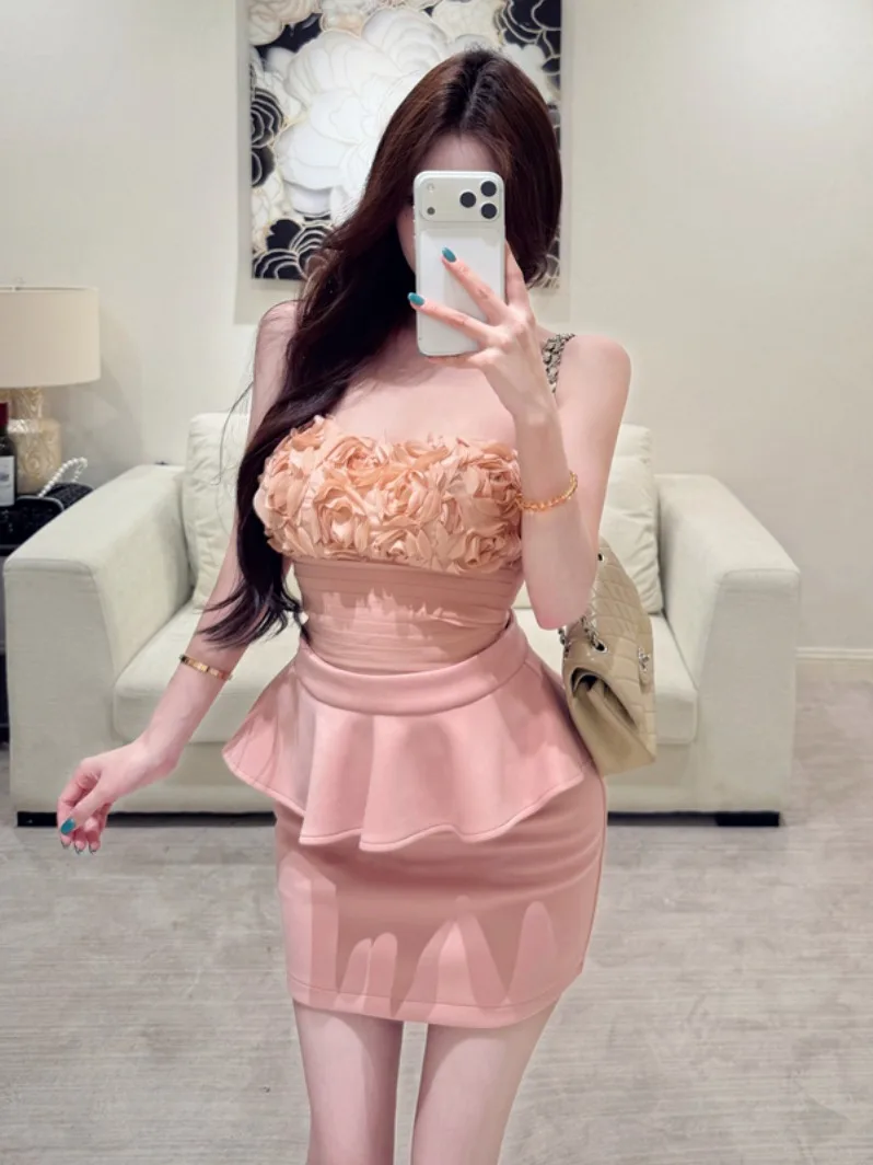 

Pure Desire Sexy Design Strapless Vest Sleeveless Top Women's Fashion Slimming Short Skirt Set Spring Summer Outfit