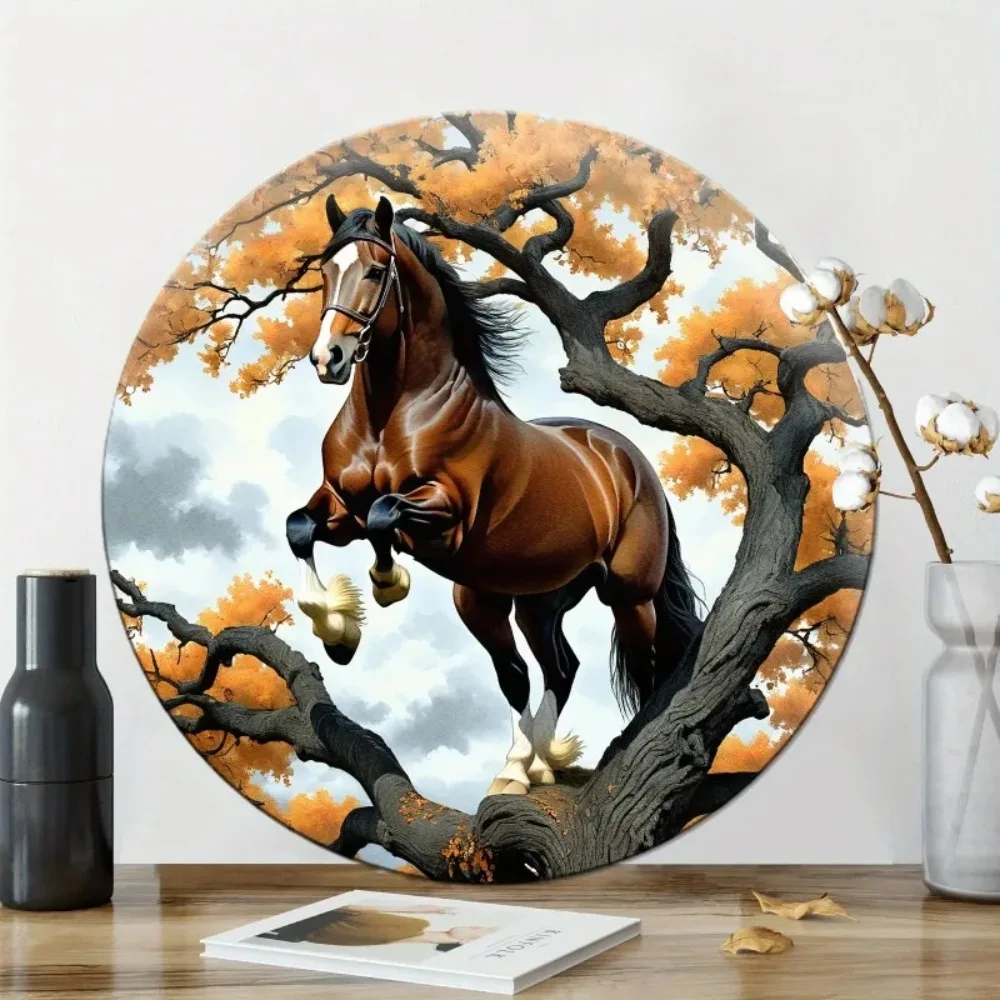 Arte de Pared de Metal de Aluminio con Diseño de Caballo Clydesdale, Decoración Redonda de Animal Bonito, Regalo