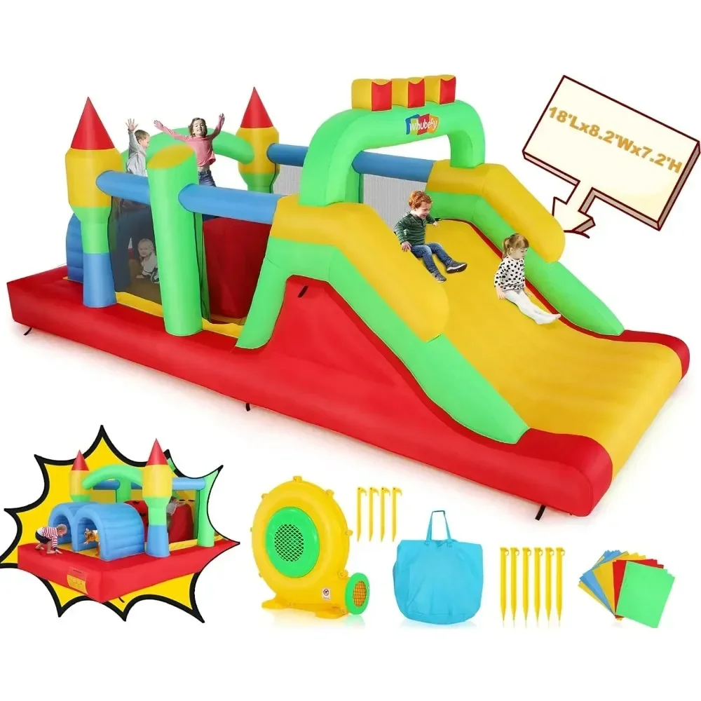 

18 x 8.2 FT Outdoor Playhouse Bouncy House with Blower, Blow up Inflatable Bounce House w/Slide Tunnels Climbing Obstacles