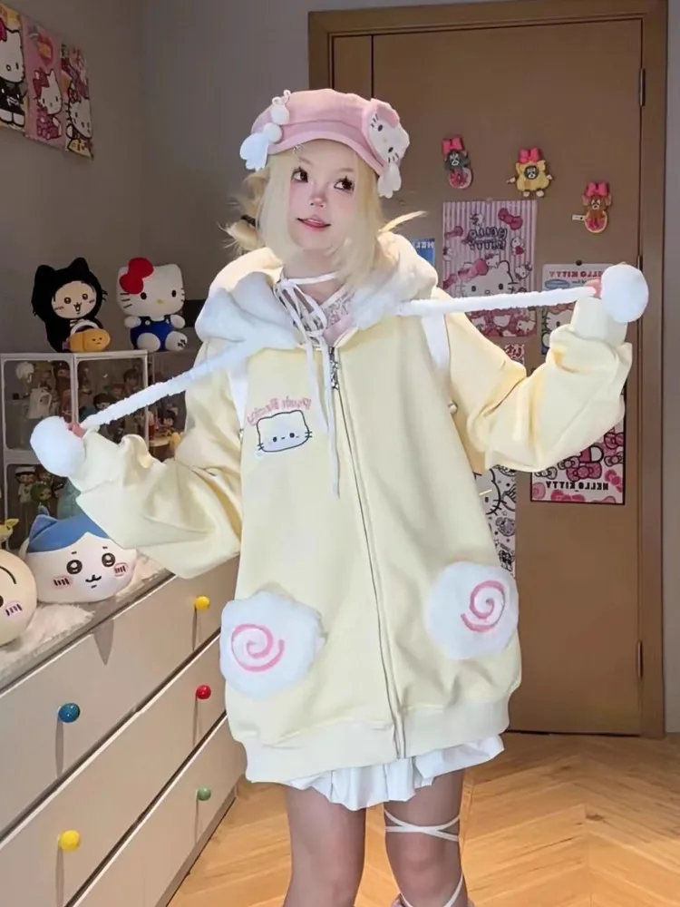 Kawaii Japans meisje Thiened Fce Hoodie Herfst Winter Loose Fit Cartoon Print Lange Sve Rits Vest Sle Sweatshirt