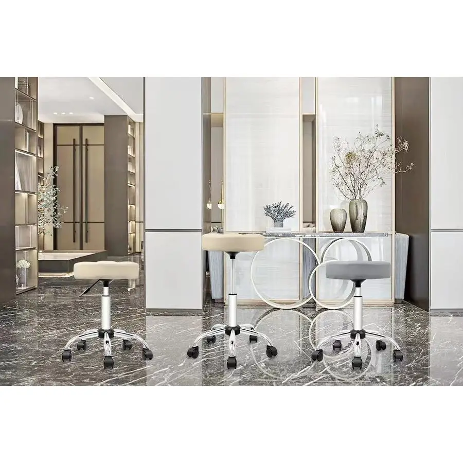 Rollhocker, Drehstuhl, PU-Leder, höhenverstellbar, Arzthocker, Salon, Spa-Hocker, kratzfeste Räder, Beige