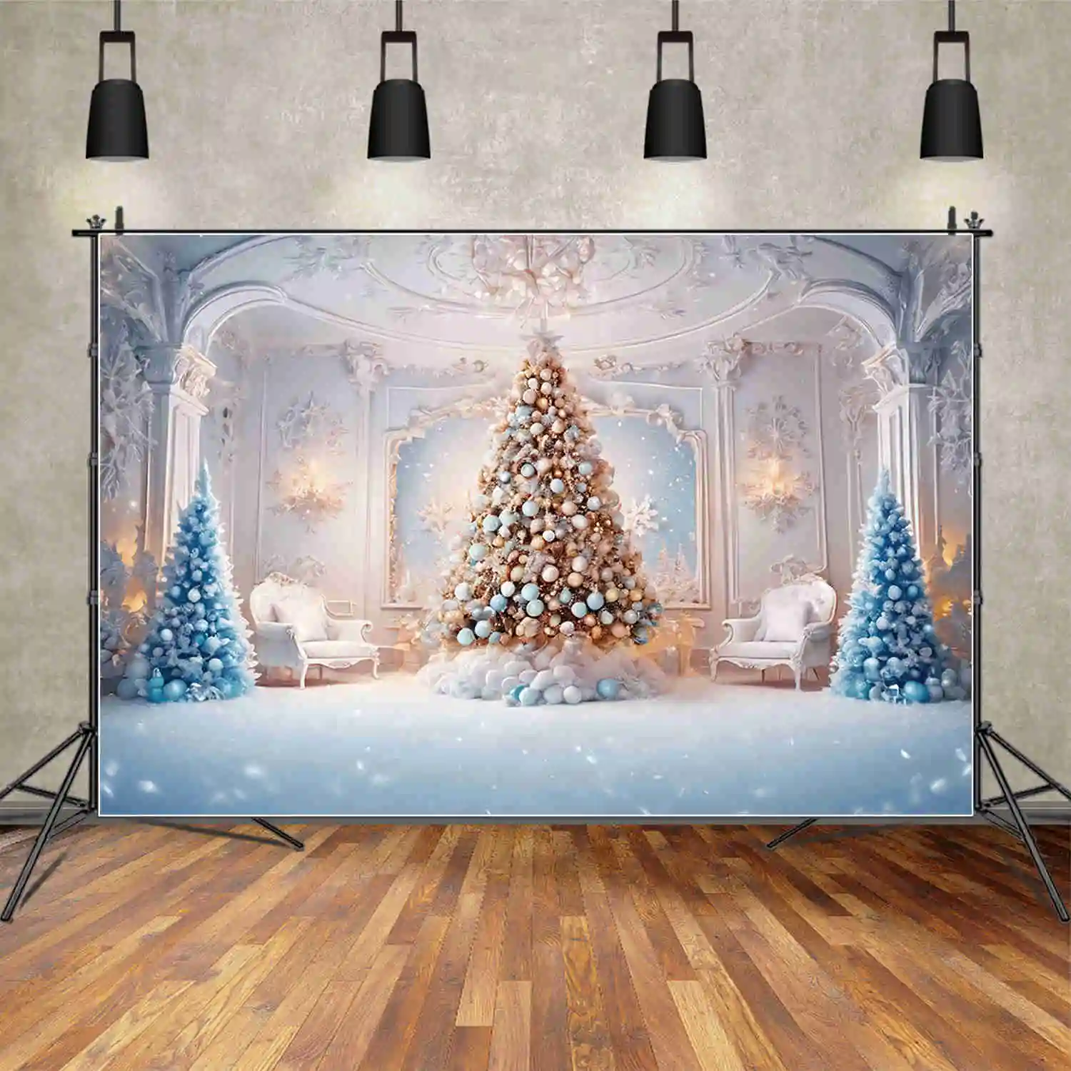 MOON.QG-Fondo de chimenea de árbol de Navidad, fondo azul congelado para interiores, sala de estar, fondos occidentales, decoración de fiesta, accesorios de zona de fotos