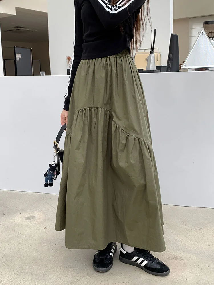 Harajuku Green Skirts Women Summer Korean Fashion High Waist Black White Long Skirt Jupe Femme