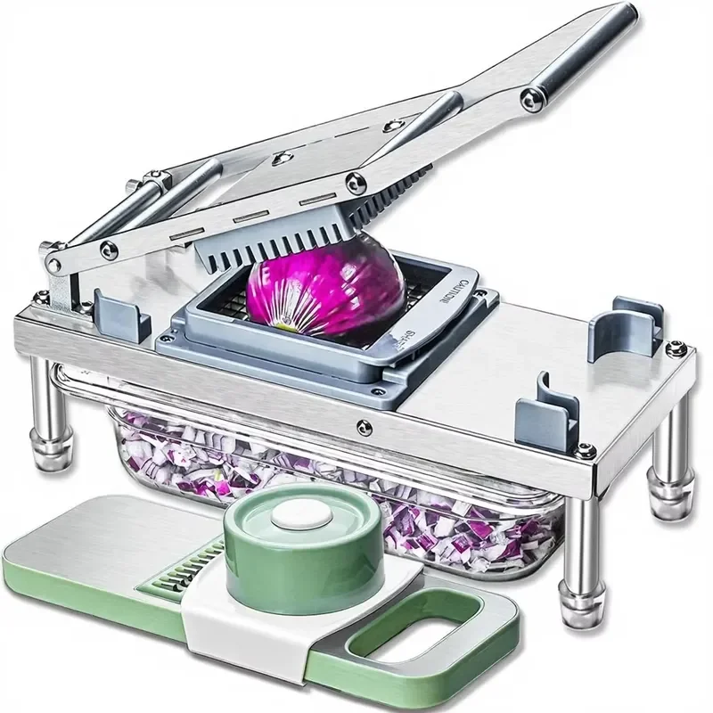Stainless Steel Manual Vegetable Chopper 8 Blades Onion Dicer Container Food Cutter Grater Mandoline Slicer Dishwasher Safe