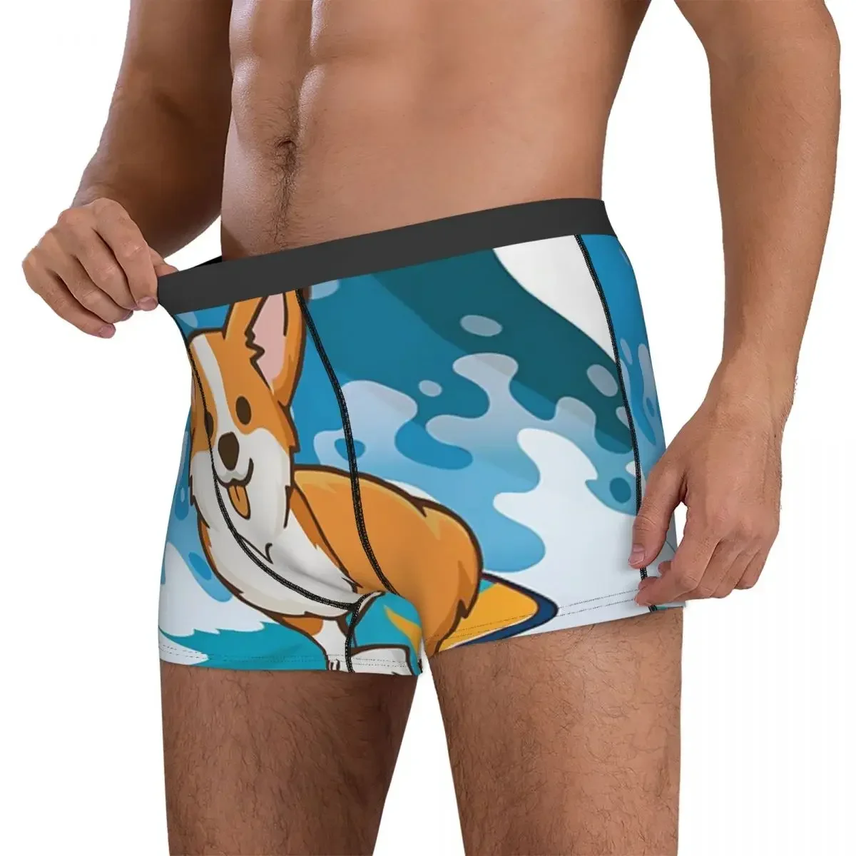 Boxer Underpants Shorts Corgi Dog Surfing The Great Wave Panties Men's Breathable Underwear For Homme Man Boyfriend Gifts