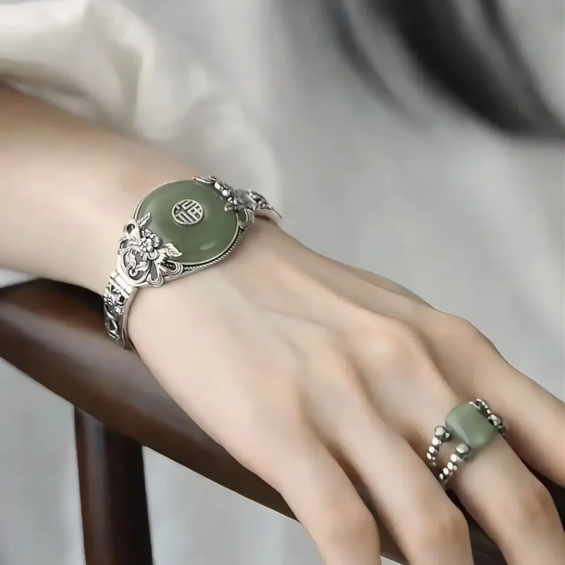 ‌Modern Chinese Revival Fu Symbol Safety Lock Peony Blossom Antique Cuff Elegant Minimalist Feminine Luxury Heritage Bracelet‌