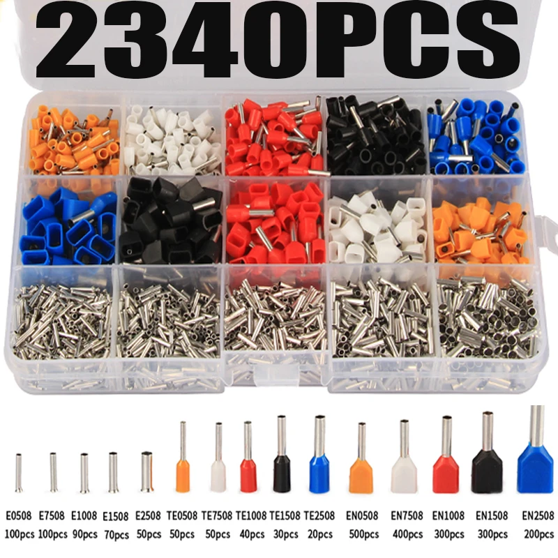 2340Pcs Mixed 15 Models Electrical Crimp Terminal Connectors Cord Wire End Crimp Terminal Dual Ferrule Kit 0.5mm2-2.5mm2