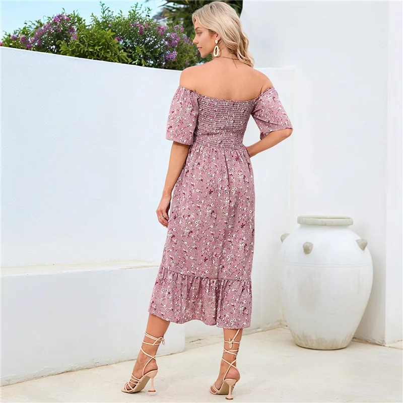 ABRT-Women's Chiffon Floral Dresses Casual Summer Boho Flutter Sleeve Flowy Western Dress MY112